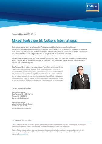 Mikael Igelström till Colliers International