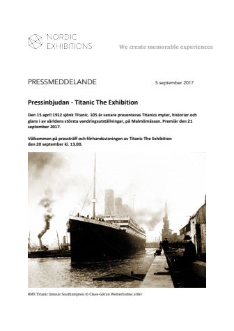 Pressinbjudan Titanic The Exhibition 
