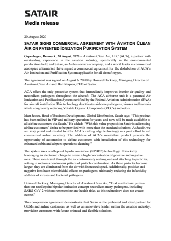 Satair signs commercial agreement with Aviation Clean Air on patented Ionization Purification System