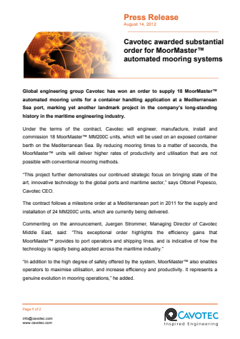 Cavotec awarded substantial order for MoorMaster™ automated mooring systems