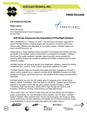 ACR Group Announces the Acquisition of FreeFlight Systems
