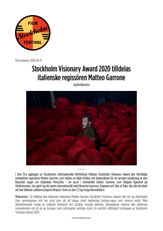 Stockholm Visionary Award 2020 tilldelas italienske regissören Matteo Garrone