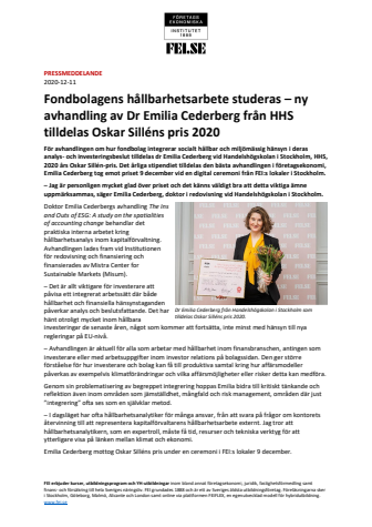 Fondbolagens hållbarhetsarbete studeras – ny avhandling av Dr Emilia Cederberg från HHS tilldelas Oskar Silléns pris 2020