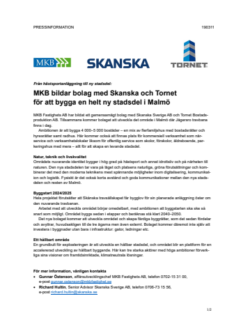 Pressmeddelande 2019-03-11: MKB bildar bolag med Skanska och Tornet
