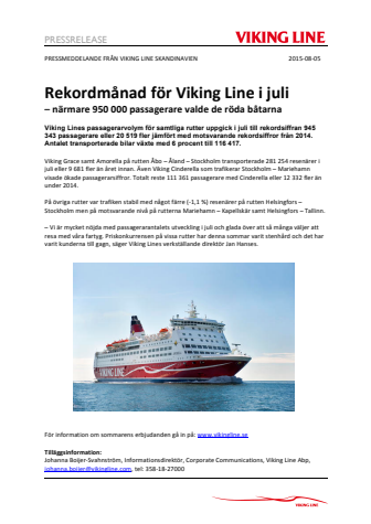 Rekordmånad för Viking Line i juli – närmare 950 000 passagerare valde de röda båtarna
