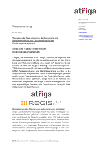 Wegweisende Kooperation bei der Erprobung und  Weiterentwicklung von Cloudservices für das  Forderungsmanagement: atriga und Regis24 beschließen Innovationspartnerschaft