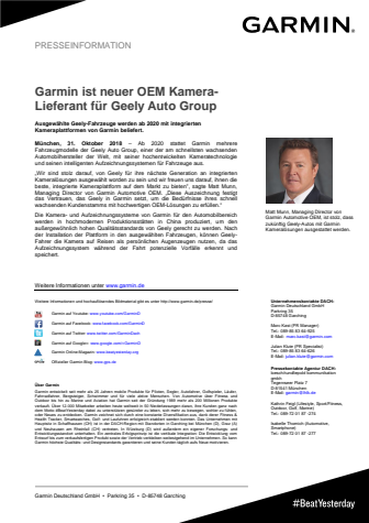 Garmin ist neuer OEM Kameralieferant für Geely Auto Group 