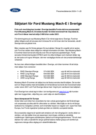 Säljstart för Ford Mustang Mach-E i Sverige