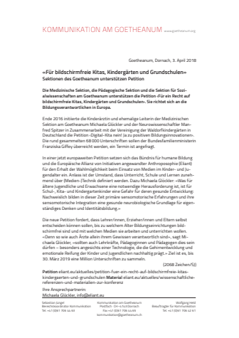 «Für bildschirmfreie Kitas, Kindergärten und Grundschulen». ​Sektionen des Goetheanum unterstützen Petition