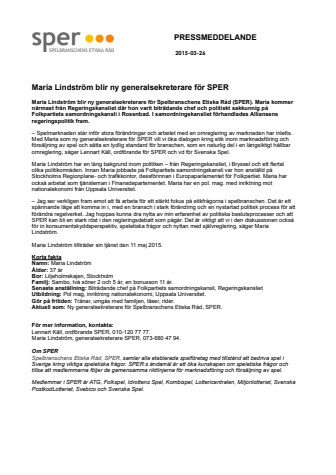 Maria Lindström blir ny generalsekreterare för SPER