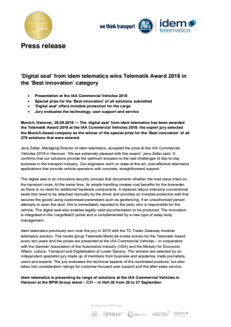 ‘Digital seal’ from idem telematics wins Telematik Award 2018 in the ‘Best innovation’ category 