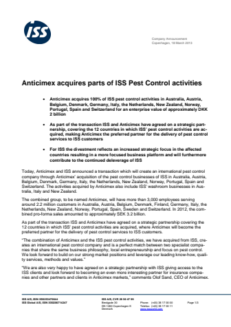 Anticimex acquires parts of ISS Pest Control activities
