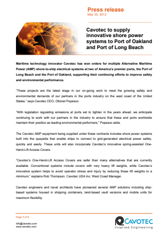 New Cavotec AMP shore power systems for Port of Long Beach and Port of Oakland