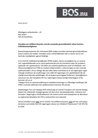 JO-anmälan om otillåtna bisysslor och jäv avseende generaldirektör Johan Carlson, Folkhälsomyndigheten