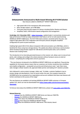 Enhancements Announced to Multi-Award Winning 4K IP KVM Solution