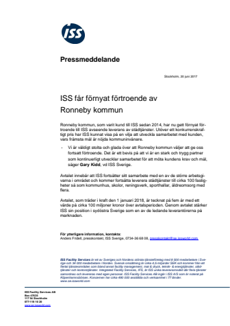 ISS får förnyat förtroende av Ronneby kommun
