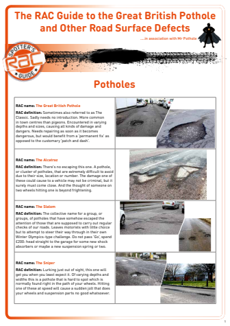 RAC Guide to the Great British Pothole and Other Road Surface Defects