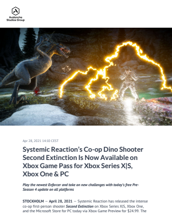 Systemic Reaction’s Co-op Dino Shooter Second Extinction Is Now Available on Xbox Game Pass for Xbox Series X|S, Xbox One & PC