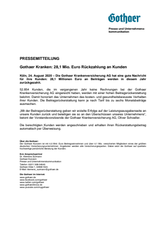 Gothaer Kranken: 28,1 Mio. Euro Rückzahlung an Kunden 