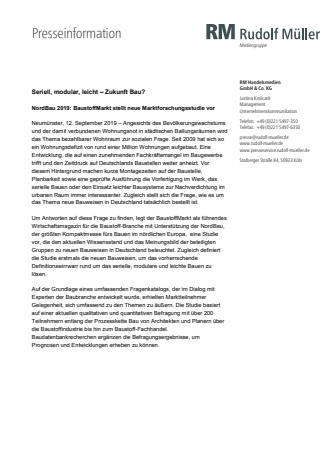 Pressemeldung zur Vorstellung der Studie auf der NordBau 2019 / 12.09.2019