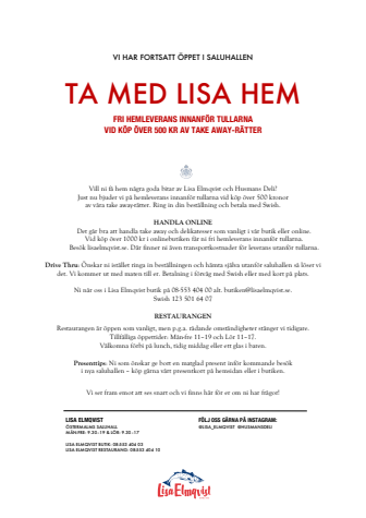 Lisa Elmqvist bjuder på hemleverans av take away vid köp över 500 kr
