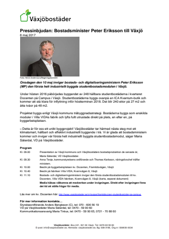 Pressinbjudan: Bostadsminister Peter Eriksson till Växjö 