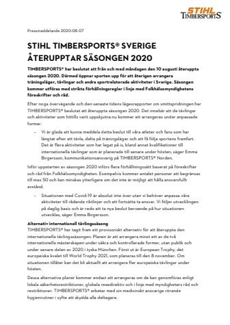 STIHL TIMBERSPORTS® Sverige återupptar säsongen 2020