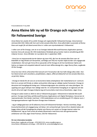 Anna Kleine blir ny vd för Orango och regionchef för Fellowmind Sverige
