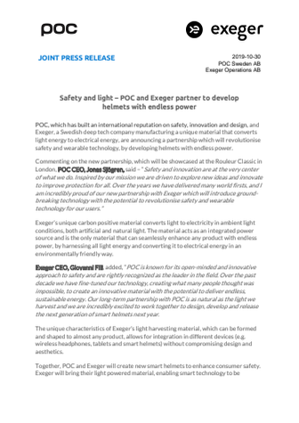 Safety and light – POC and Exeger partner to develop helmets with endless power