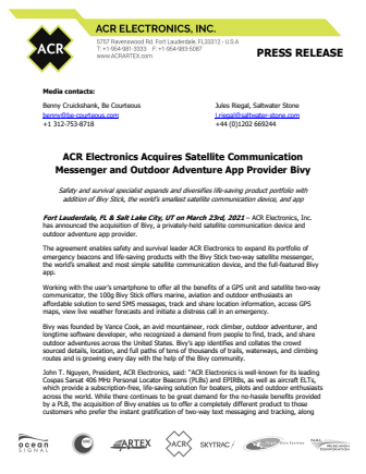 ACR Electronics Acquires Satellite Communication Messenger and Outdoor Adventure App Provider Bivy