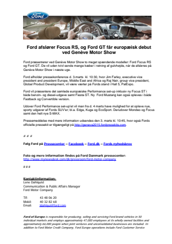 Ford afslører Focus RS, og Ford GT får europæisk debut ved Genève Motor Show