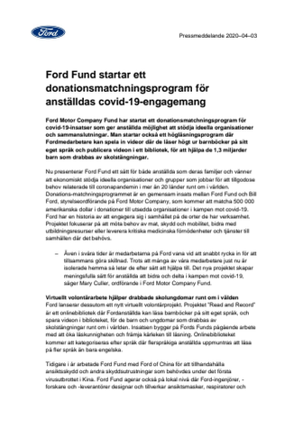 Ford Fund startar ett donationsmatchningsprogram för anställdas covid-19-engagemang