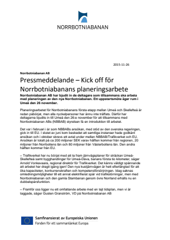 Pressmeddelande – Kick off för Norrbotniabanans planeringsarbete
