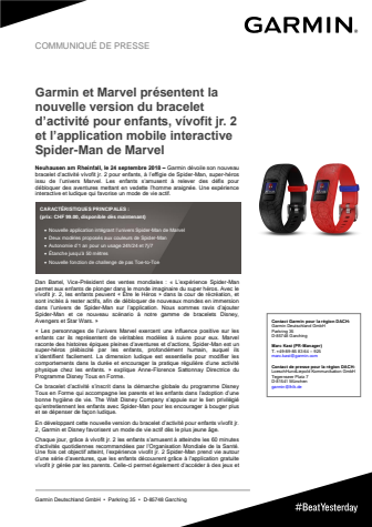 Garmin et Marvel présentent la nouvelle version du bracelet d’activité pour enfants, vívofit jr. 2 et l’application mobile interactive Spider-Man de Marvel