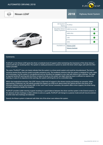 Automated Driving 2018 - Nissan LEAF datasheet - October 2018