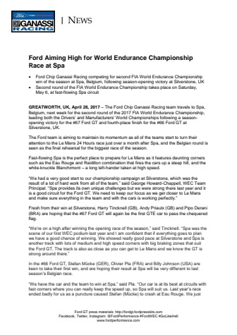 MOTORSPORT: Ford sigter højt ved World Endurance Championship i Spa, Belgien