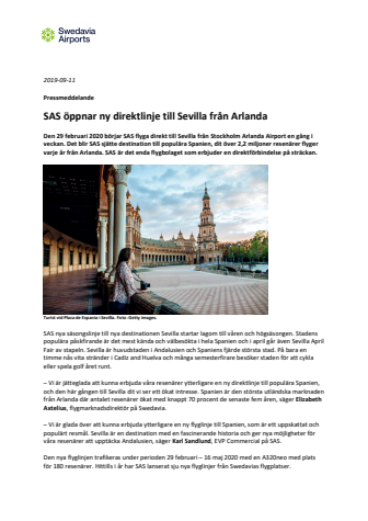 SAS öppnar ny direktlinje till Sevilla från Arlanda