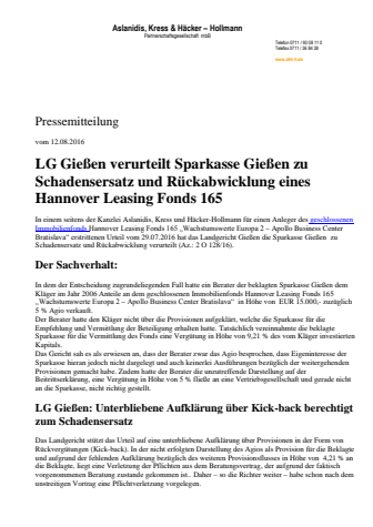 Rechtsanwälte Aslanidis, Kress & Häcker- Hollmann erstreiten obsiegendes Urteil gegen Sparkasse Gießen wegen Verkaufs hochriskanten geschlossenen Immobilienfonds