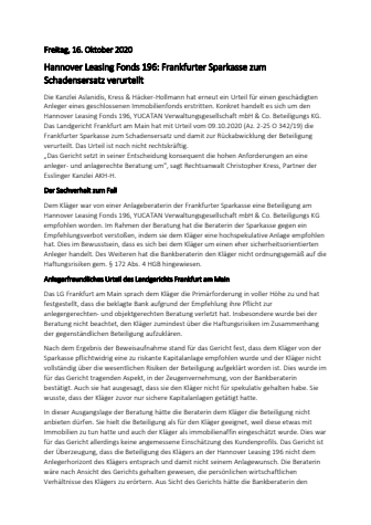 Hannover Leasing Fonds 196: Frankfurter Sparkasse zum Schadensersatz verurteilt