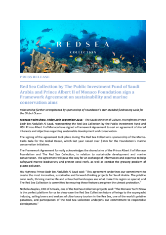 Red Sea Collection - Monaco Yacht Show: Red Sea Collection by The Public Investment Fund of The Kingdom of Saudi Arabia and Prince Albert II of Monaco Foundation sign a Framework Agreement on shared sustainability and marine conservation aims