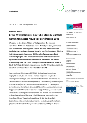 BMW-Weltpremiere, YouTube-Stars & Günther Oettinger: Letzte News vor der dmexco 2015