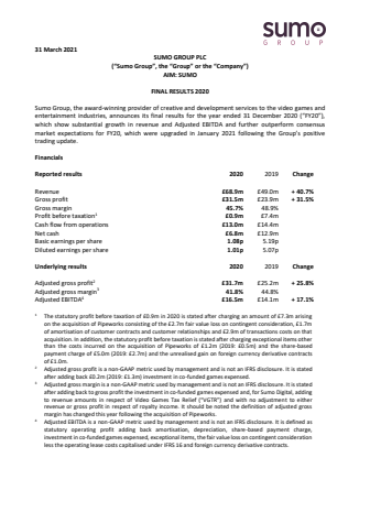 Sumo Group Financial Results 2020 RNS