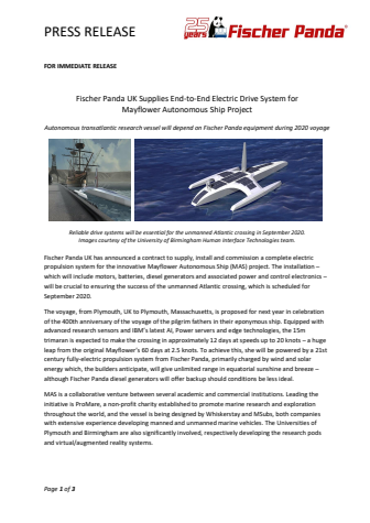 Fischer Panda UK Supplies End-to-End Electric Drive System for Mayflower Autonomous Ship Project
