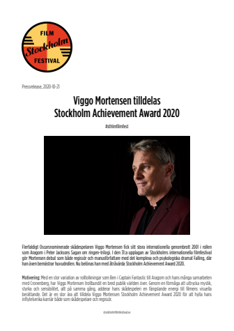 Viggo Mortensen tilldelas Stockholm Achievement Award 2020