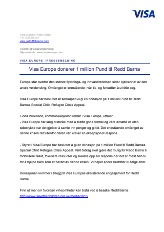 Visa Europe donerer 1 million Pund til Redd Barna