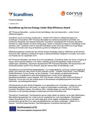 Scandlines og Corvus Energy vinder Ship Efficiency Award