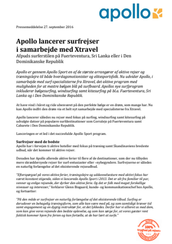 Apollo lancerer surfrejser  i samarbejde med Xtravel 