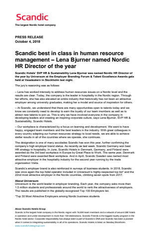 Scandic best in class in human resource management – Lena Bjurner named Nordic HR Director of the year 