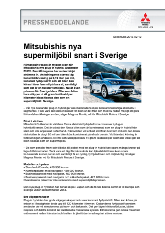 Mitsubishis nya supermiljöbil snart i Sverige