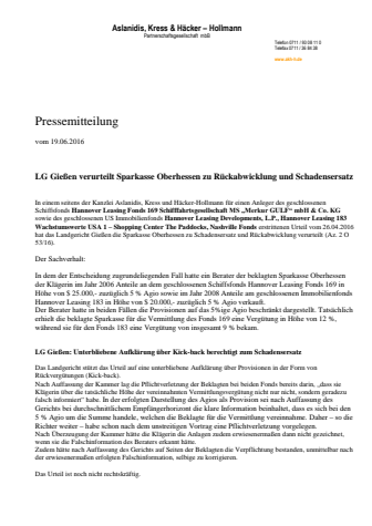Rechtsanwälte Aslanidis, Kress und Häcker-Hollmann erstreiten positives Urteil gegen Sparkasse Oberhessen